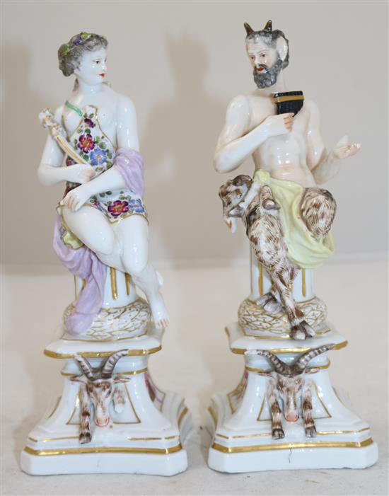 A pair of Samson of Paris porcelain figures of Pan and a nymph, late 19th century, 20.5cm and 20cm